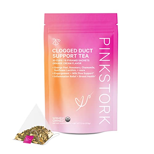 Pink Stork Clogged Milk Duct Relief Tea, Herbal Breastfeeding Tea Supplement with Fenugreek, Sunflower Lecithin to Support Healthy Breast Milk Flow, Postpartum Essentials - Vanilla Orange, 30 Cups