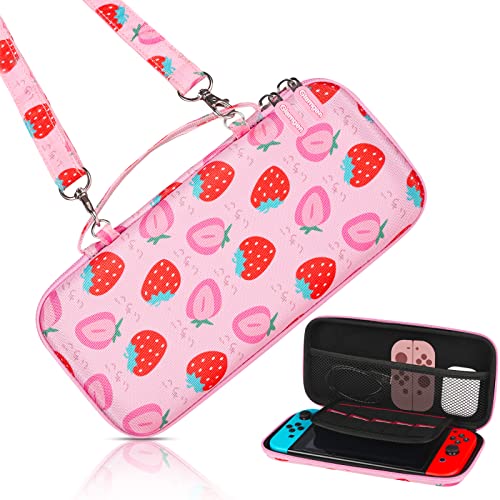 Glamgen Carrying Case for Nintendo Switch,Cute Strawberry Hard Shell Travel Carry Cases with Adjustable Strap and 10 Game Card Slots, Inner Storage Bag for Switch Console & Accessories,Pink