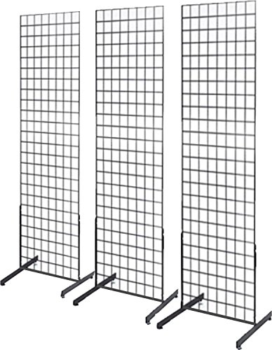 Only Hangers 2' x 6' Grid Wall Panel Floorstanding Display Fixture with Deluxe T-Style Base, Black. Three-Pack Combo.