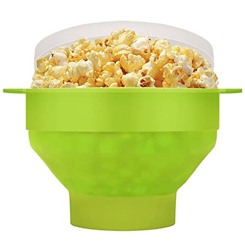 Flexzion Silicone Microwave Popcorn Popper BPA Free Collapsible Popcorn Bowl Microwavable Pop Corn Maker with Lid and Handle Dishwasher Safe Silicon Bucket for Parties and Movie Nights, Green
