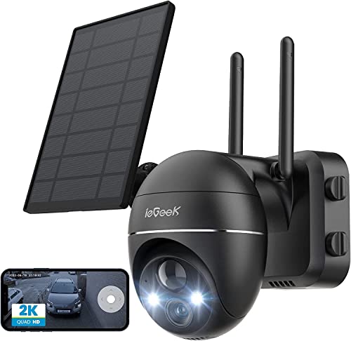 ieGeek Security Cameras Wireless Outdoor, 2K Solar Security Camera System 360 PTZ with Spotlight & Siren, 2.4Ghz Outdoor Security Cameras,Color Night Vision, Work with Alexa, PIR, 2-Way Talk, IP65