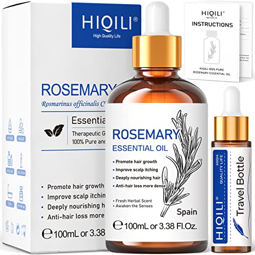 HIQILI 100ML Rosemary Oil for Hair Growth, Included 10ML Travel Bottle, 100% Pure Organic Therapeutic Grade for Hair Strengthening, Hair Loss, Dandruff, Add to Shampoo, Conditioner -3.38 Fl. Oz