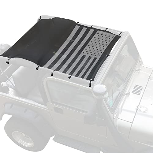 Sunshade for 1996-2007 Jeep Wrangler TJ 2 Door Full Length Mesh Sun Shade, TJ US Flag Sunshade Bikini Soft Top Cover Net, Blocks UV, Wind, Noise, Black America Flag