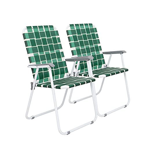 VINGLI Patio Lawn Chairs Folding Set of 2, Webbed Folding Chair Outdoor Beach Chair Portable Camping Chair for Yard, Garden(Dark Green)
