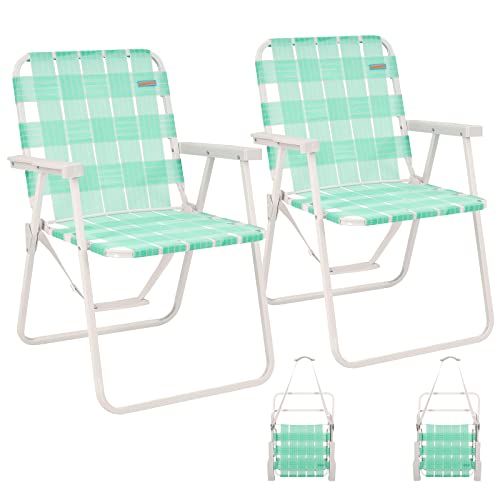 #WEJOY 2 Pack Folding Webbed Lawn Beach Chair,Heavy Duty Portable Chairs for Outside with Hard Arm,Carry Strap for Outdoor Camping Garden Concert Sand Picnic