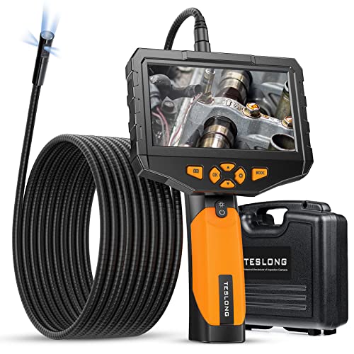 Triple Lens Endoscope Camera, Teslong Industrial Borescope Inspection Camera with Light, 16.5ft Flexible Automotive Scope Camera Snake Probe, Home Waterproof Fiber Optic Bore Cam for Sewer(5" IPS LCD)
