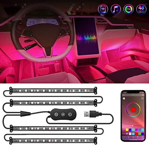 Nilight 4PCS USB Interior Car Lights 48 LEDs RGB LED Strips Lights with App Control Music Sound Active Mode Under Dash Footwell Ambient Lights 2 Line Design for Car Truck ATV UTV, 2 Years Warranty