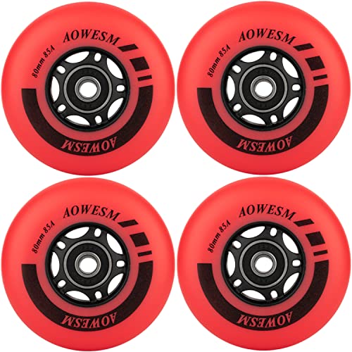 AOWESM Inline Skate Wheels 72mm 76mm 80mm 85a Outdoor Roller Blades Hockey Skates Replacement Wheels w/Bearings ABEC-9 and Floating Spacers (4 Pack) (Red, 76mm)