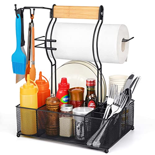 FANGSUN Grill Caddy, BBQ Caddy with Paper Towel Holder, Picnic Condiment Utensil Caddy for Outdoor Camping, Barbecue Accessories Storage Organizer for Griddle Grilling Tool, Rv Patio Camper Must Haves, 13.4"W x 9.6"D x 17.2"H