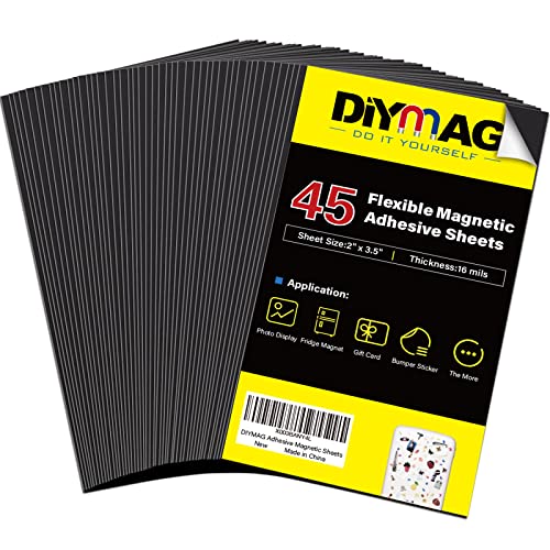 DIYMAG Magnetic Adhesive Sheets,|2" x 3.5"| 45 PackCuttable Magnetic Sheets with Adhesive BackingFlexible Magnet Sheets with Adhesive for Crafts, Photos and Die Storage, Easy to Cut into Any Shape