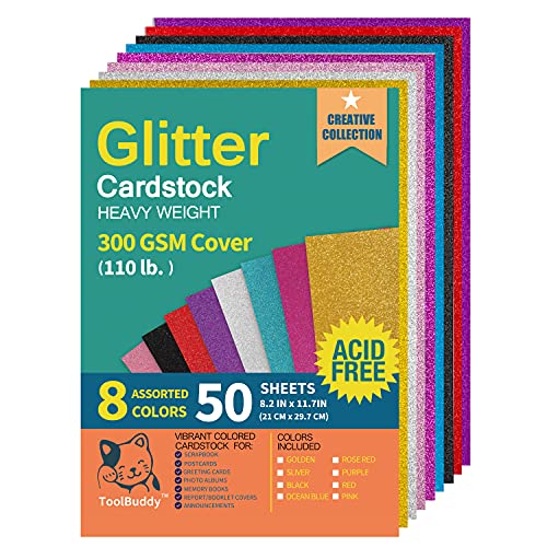 Heavyweight Glitter Cardstock Paper - 110lb. / 300GSM - 50 Sheets A4 Colored Craft Card Stock for Craft Project, DIY, Gift Wrapping, Birthday Party Wedding Decorations, Scrapbooking, 8 Assorted Color