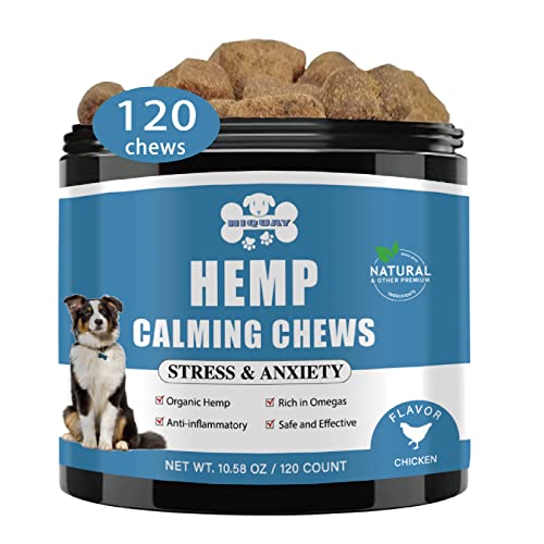 Hemp Calming Chews for Dogs - Dog Anxiety Relief & Stress, 120 Dog Calming Treats - Helps Aid with Thunder, Fireworks, Barking & Separation - Hemp Oil, Valerian Root, Chamomile, L-Tryptophan (Chicken)