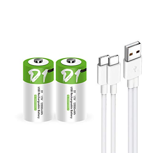 Lankoo USB D Lithium ion Rechargeable Battery, High Capacity 1.5V 12000mWh Rechargeable D Battery, 4 H Fast Charge, 1200 Cycle with Type C Port Cable, Constant Output,2-Pack