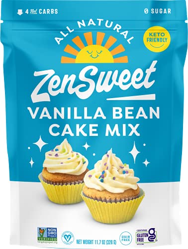 ZenSweet Vanilla Bean Cake Mix - Vanilla Cake Mix with No Sugar Added - 11.7oz, 1 Pack - Sugar Free, Gluten Free, Grain Free, Vegan, Low Carb, Non-GMO - With Monk Fruit Sweetener - Makes 12 Cupcakes