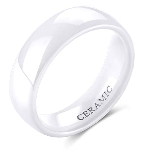SOMEN TUNGSTEN 6mm White Ceramic Ring Engagement Wedding Band for Men Women Dome High Polish Comfort Fit Size 9