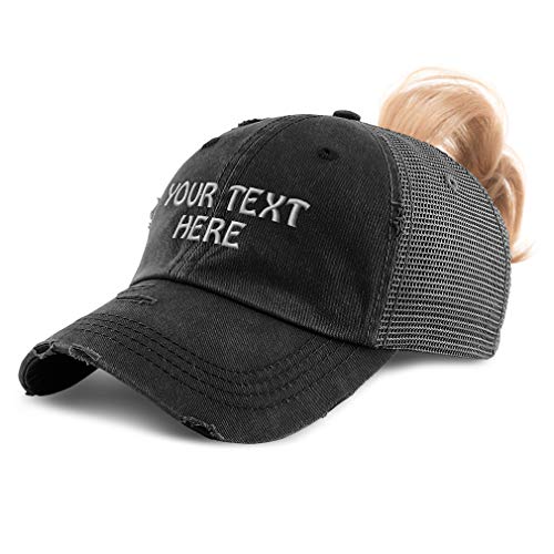 Womens Ponytail Cap Custom Personalized Text & Name Distressed Moms Trucker Hats Black