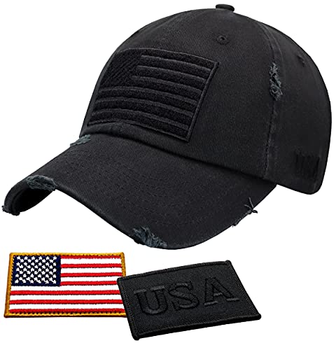 Antourage American Flag Hat for Men and Women | Vintage Baseball Tactical Hat Cap with USA Flag + 2 Patriotic Patches ((11) Black)