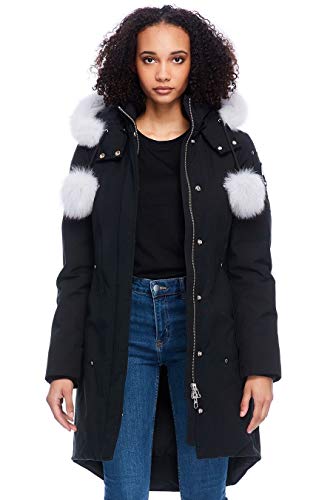 Moose Knuckles Women's Stirling Parka with Fur Pom Pom Outerwear, Black/Natural Fur, M