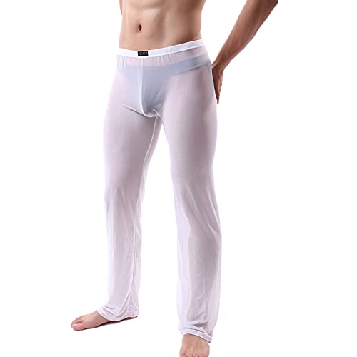 Hularka Men's See Through Sheer Pajama Trousers Sleepwear Loose Lounge Underwear Bottoms Pants White Large