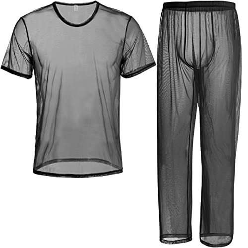 YINYOUYU Mens See Through Pajamas Set Sexy Mesh Sheer Muscle T Shirt Lounge Pants Underwear Sleepwear Clubwear M Black