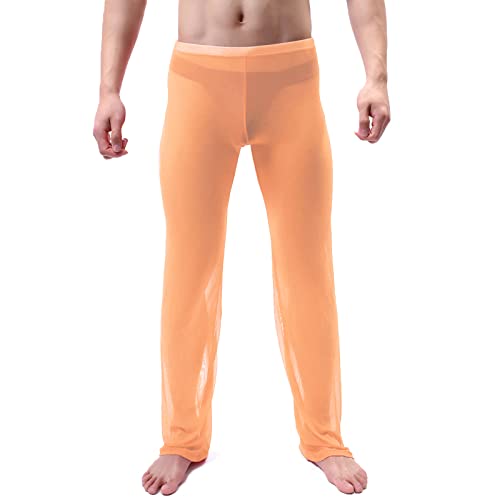 YINYOUYU Mens Mesh See Through Pants Pajama Bottoms Underwear Lounge Home Leggings Sleepwear Cool Dry Yoga Trousers M Orange