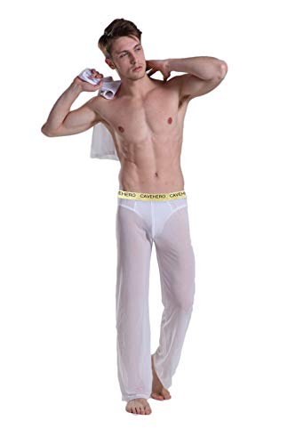 CaveHero Men's Mesh Long Pants See Through Bottoms Underwear Nightwear (XXX-Large, White)