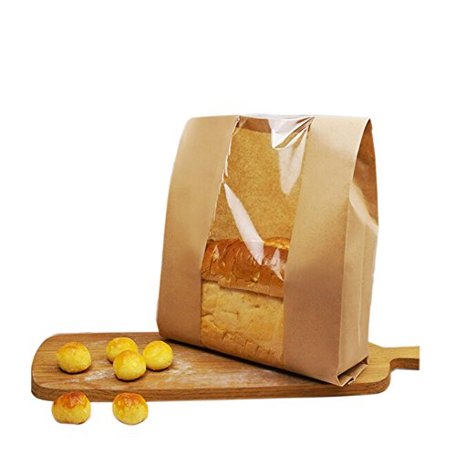 Pack of 100 Paper Bread Loaf Bag Kraft Food Packaging Storage Bakery Bag with Front Window, Label Seal sticker included (14'' X 8.3'' X 3.5'')