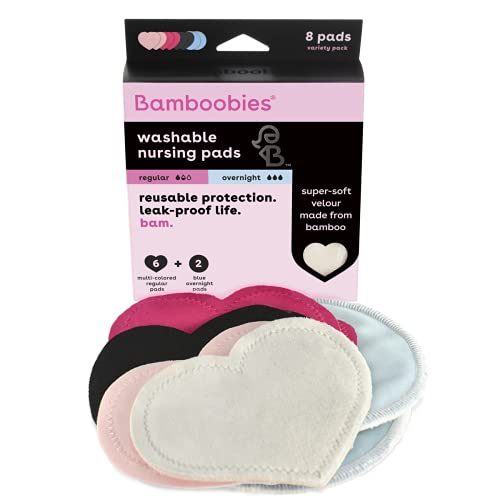 Bamboobies Womens Nursing Pads, Reusable and Washable, Variety Pack, Leak-Proof Pads for Breastfeeding, Multi-Color, 8 Pads