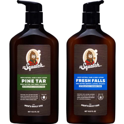 Dr. Squatch Men's Natural Lotion Non-Greasy Men's Lotion - 24-hour moisturization hand and body lotion - Made with Shea Butter, Coconut Oil, and Vitamin E - Pine Tar and Fresh Falls (2 Pack)