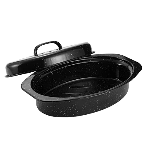 Granite Roasting Pan, Small 13 Enameled Roasting Pan with Domed Lid. Oval Turkey Roaster Pot, Broiler Pan Great for Small Chicken, Lamb, Vegetable. Dishwasher Safe Cookware Fit for 7Lb Bird