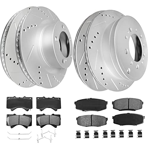 WEIZE Front and Rear Drilled & Slotted Brake Rotors + Ceramic Brake Pads Kit, Replacement for 2016-2021 Lexus LX570, 2007-2021 Toyota Land Cruiser Sequoia Tundra, 8pcs Set