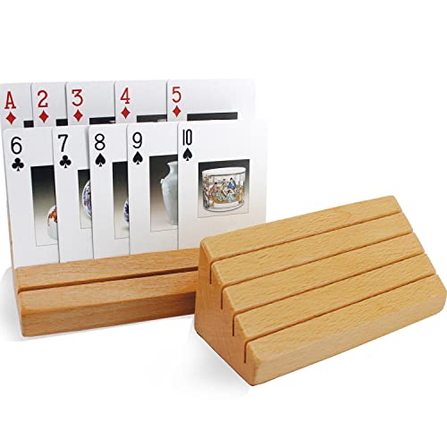 VINJOE Premium Solid Beechwood Playing Card Holders - Accessories with Five Crowns Card Game - Card Holder for Kids - Set of 2 (5.98x2x2.24 inch)