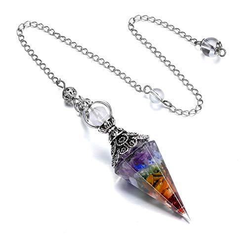 GEHECRST Natural 7 Chakra Healing Crystal Dowsing Pendulum Reiki Gemstone Chips Orgone Pendulum 6 Faceted Hexagonal Pointed Cone Resin Spiritual Pendant for Divination, Wicca, Energy Balancing