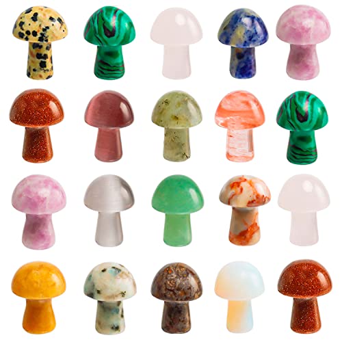 Hiawbon 20 Pcs Mushroom Shaped Chakra Stones Natural Polished Crystals Agate Gemstones for Healing Chakras Balancing Meditation Yoga Miniature Moss Landscape