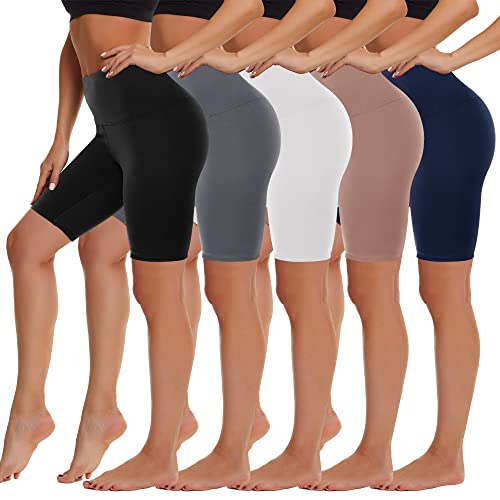 5 Pack High Waist Biker Shorts for Women - 8" Buttery Soft Spandex Workout Yoga Running Athletic Shorts(Black/Navy/Dark Grey/Complexion/White,ONE)