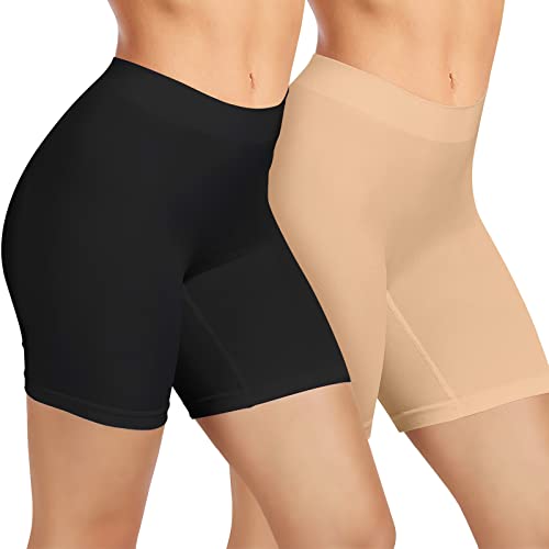 ZENUTA Slip Shorts for Under Dresses Women, Seamless Anti Chafing Shorts, Smooth Spandex Shorts Boyshorts Yoga/Biker (L, Black Nude)