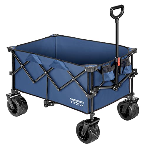 VIVOSUN Folding Collapsible Wagon Utility Outdoor Camping Beach Cart with Universal Wide Wheels & Adjustable Handle, Blue