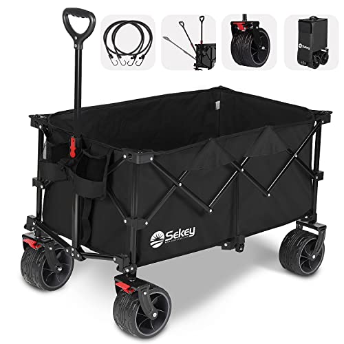 Sekey Collapsible Foldable Wagon with 220lbs Weight Capacity, Heavy Duty Folding Utility Garden Cart with Big All-Terrain Beach Wheels & Drink Holders. Black