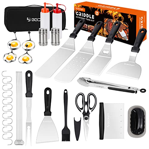 Griddle Accessories Kit, 34Pcs Stainless Steel Flat Top Grill Tools Set for Blackstone and Camp Chef, Grilling Spatula Set, Scraper, Carry Bag, Griddle Cleaning Kit for Men Outdoor BBQ, Camping