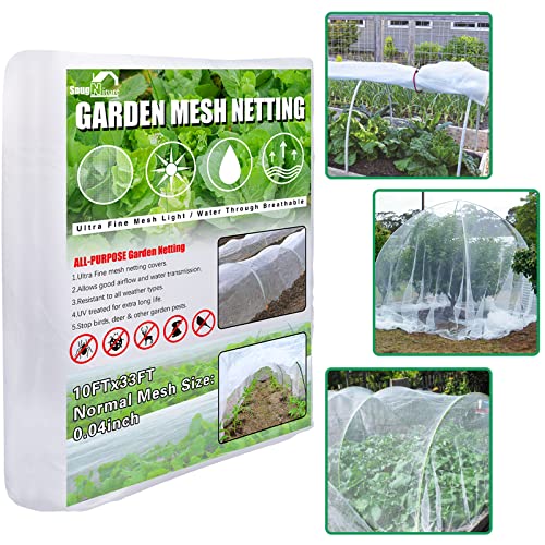 SnugNiture Garden Netting 10x33FT Ultra Fine Mesh Mosquito Netting Plant Covers, White Bird Netting Barrier Greenhouse Row Cover Protect Fruits Flower Vegetables from Birds Deer & Squirrels