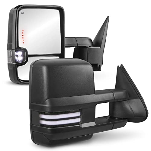 MOSTPLUS Power Heated Towing Mirrors Compatible with 1999-2002 Chevy Silverado Suburban Tahoe GMC Serria Yukon w/Sequential Turn Light, Clearance Lamp, White Running Light(Set of 2)-Black