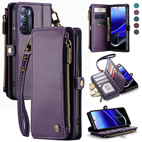 Defencase Moto G Stylus 5G 2022 Case, Motorola Moto G Stylus 5G 2022 Case Wallet for Women Men with RFID Blocking PU Leather Magnetic Flip Strap Zipper Card Holder Wallet Phone Case Cover, Purple