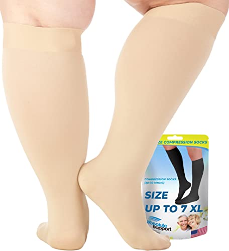 7XL Big and Tall Compression Socks 20-30mmHg Extra Large Wide Calf - Plus Size Compression Support Hose Men & Women Bariatric Fatigue Pain Leg Swelling Recovery - Beige, 7X-Large