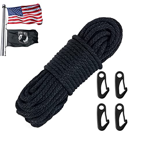 NQ Flag Pole Rope Kit - 50 Feet x 1/4" Diameter Flag Pole Halyard Nylon Rope with 4 Pieces Flag Pole Hook Clips - Outdoor Flagpole Accessories, Rope for Clothesline, Swing, Camping (50FT, Black)