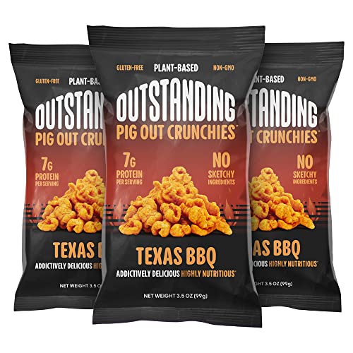 Outstanding Foods Pig Out Crunchies - Vegan, Plant Based, Gluten Free, Low Carb, Kosher Snacks - Source of 20 Essential Vitamins and Minerals - Texas BBQ, 3.5 oz, 3 Pack