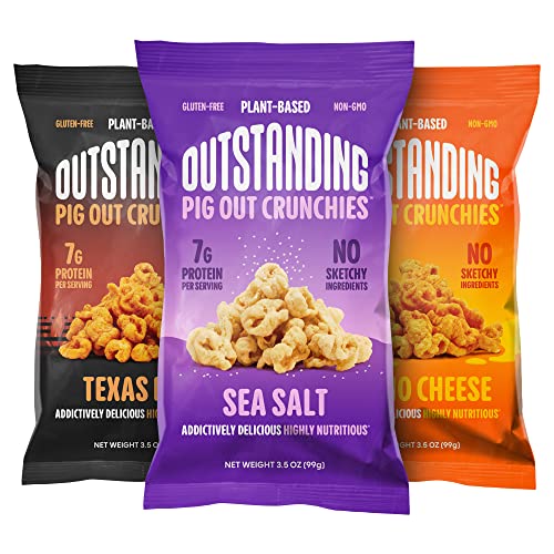 Outstanding Foods Pig Out Crunchies Plant-Based Protein Snacks - Variety Pack: Sea Salt, Texas BBQ, Nacho Cheese Flavors - Baked Not Fried - No Gluten, No Soy, No Trans Fat, Non-GMO - 3.5 oz, 3 Pack