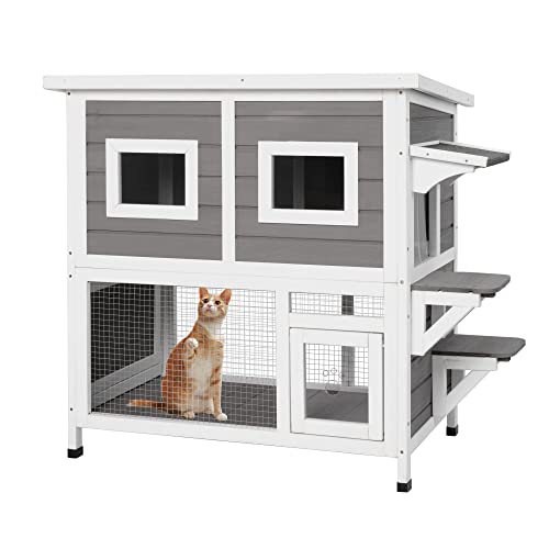 Ketive Cat House Outdoor Weatherproof Feral Cat Houses for Outdoor Cats, Wooden Indoor Two Story Kitty Shelter with Escape Door, Platforms, 2 Pull-Out Tray (Grey)