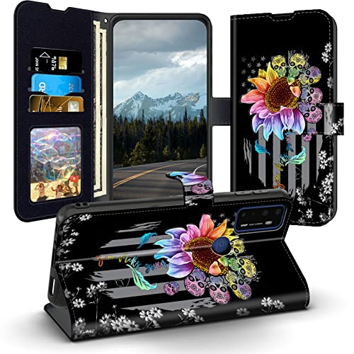 Leather Case for Cricket Dream 5G / AT&T Radiant Max 5G Phone Cover 6.82", Flip Wallet Case with Credit Cards Holder RFID Blocking Kickstand Soft TPU Bumper Folio Cover, Sunflower Sugar Skulls US Flag