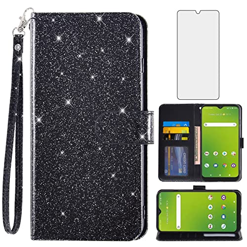 Asuwish Phone Case for Cricket Dream 5G/Innovate 5G/AT&T Radiant Max 5G/Fusion 5G with Screen Protector and Glitter Wallet Cover Flip Card Holder Slot Stand Accessories ATT G5 6.82 Women Men Black
