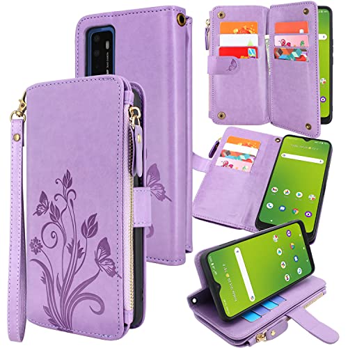 Lacass [Cards Theft Scan Protection] 10 Card Slots Holder Zipper Pocket Wallet Case Flip Leather Cover Wrist Strap Stand for AT&T Radiant Max 5G/Fusion 5G/Cricket Dream 5G/Innovate 5G(Purple)